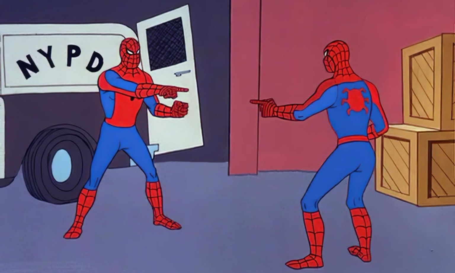 Cartoon of two spidermen pointing at each other.